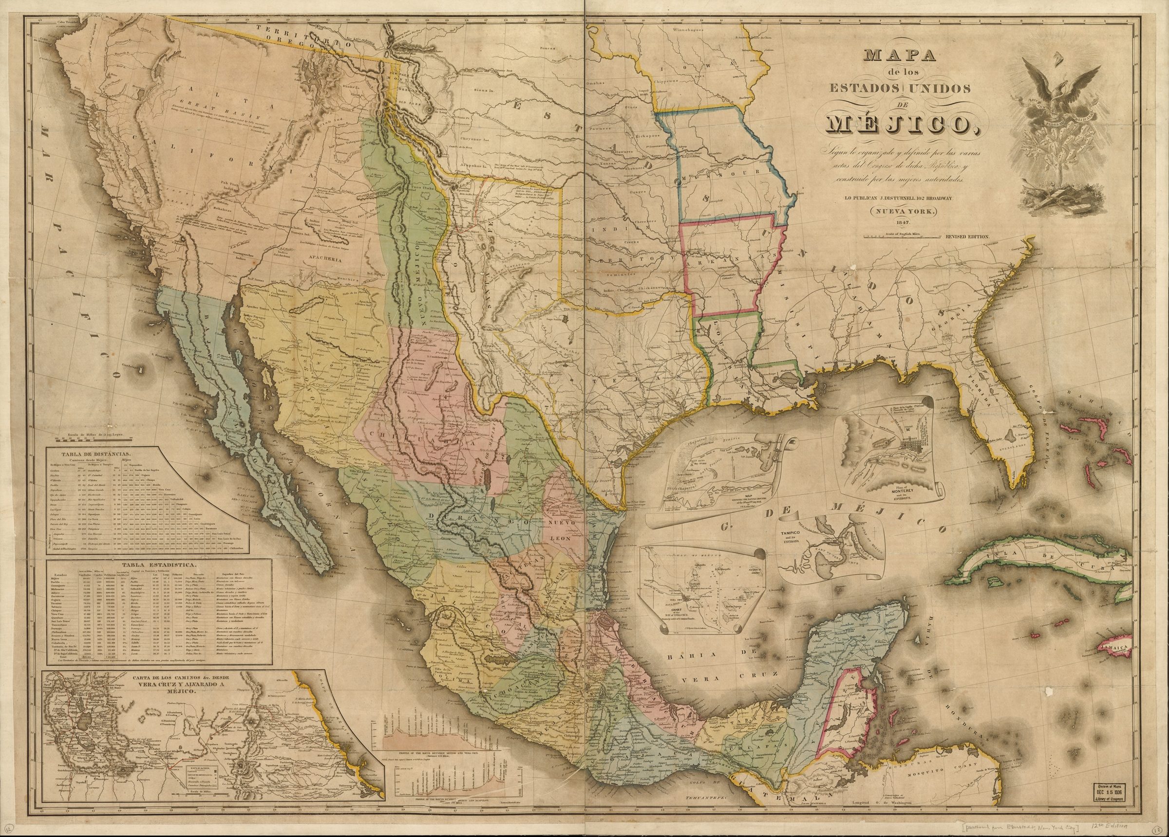 Mapa nacional de 1847. Veracruz está en el golfo y un recuadro detalla el puerto. Sirve para situar el estado, no la plaza de Córdoba.