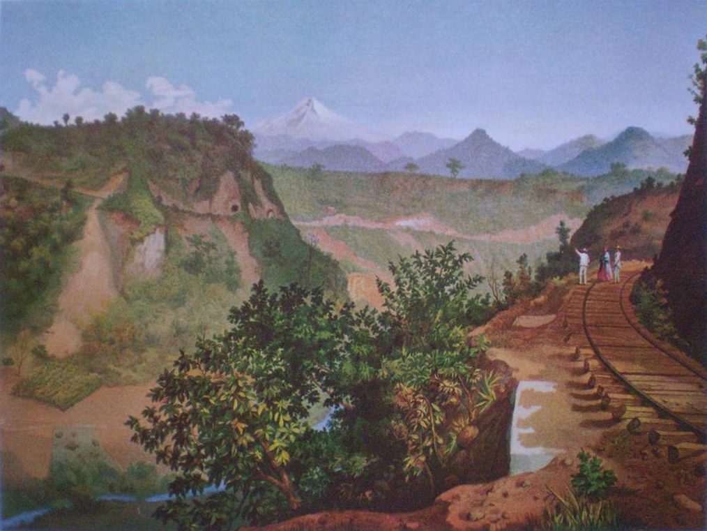 La barranca de Metlac en 1877, ya con ferrocarril. El 15 de mayo de 1821 el encuentro con Hevia fue en esta barranca, por el camino, sin puente ni riel.
