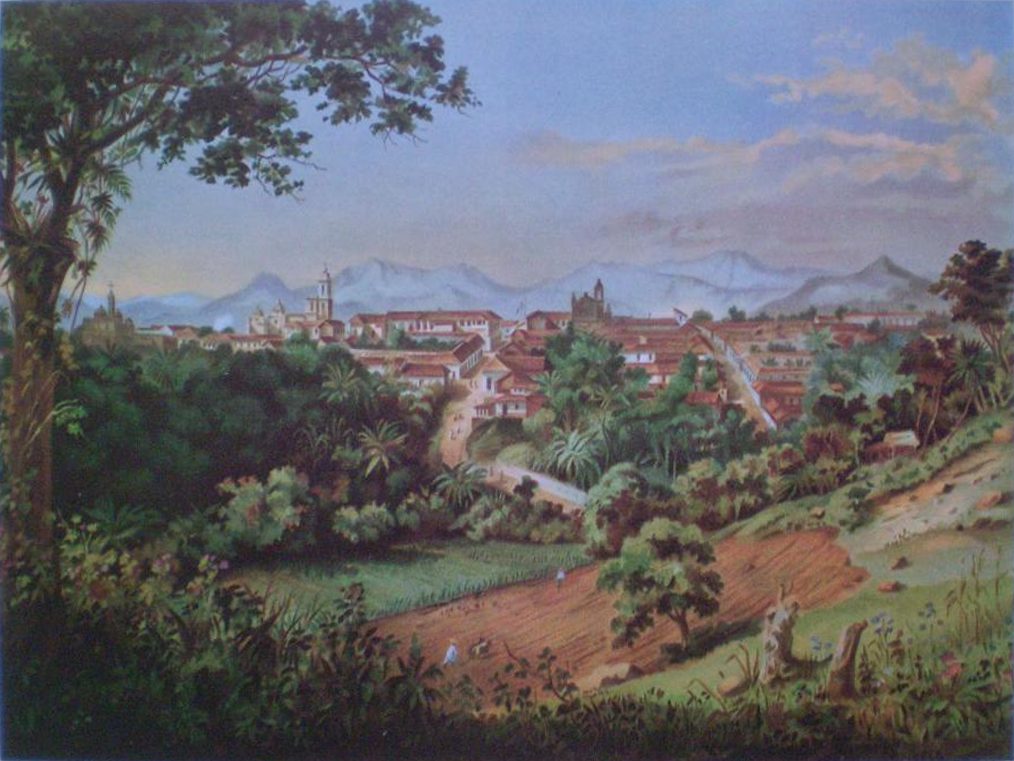 Córdoba en 1877, vista desde el camino de Coscomatepec. Es la ciudad del ferrocarril, medio siglo después de la plaza de armas de 1821.