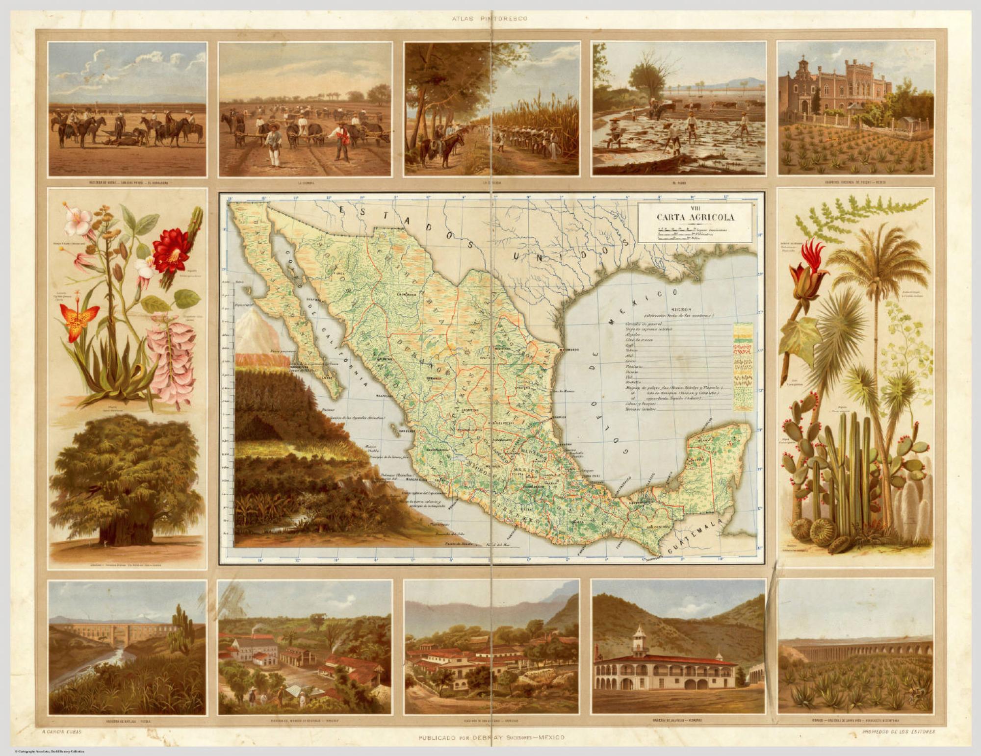 Carta agrícola de 1885. Zonas de cultivo y de clima, con vistas de haciendas y plantas. Sitúa la tierra templada de las Altas Montañas en el conjunto del país.