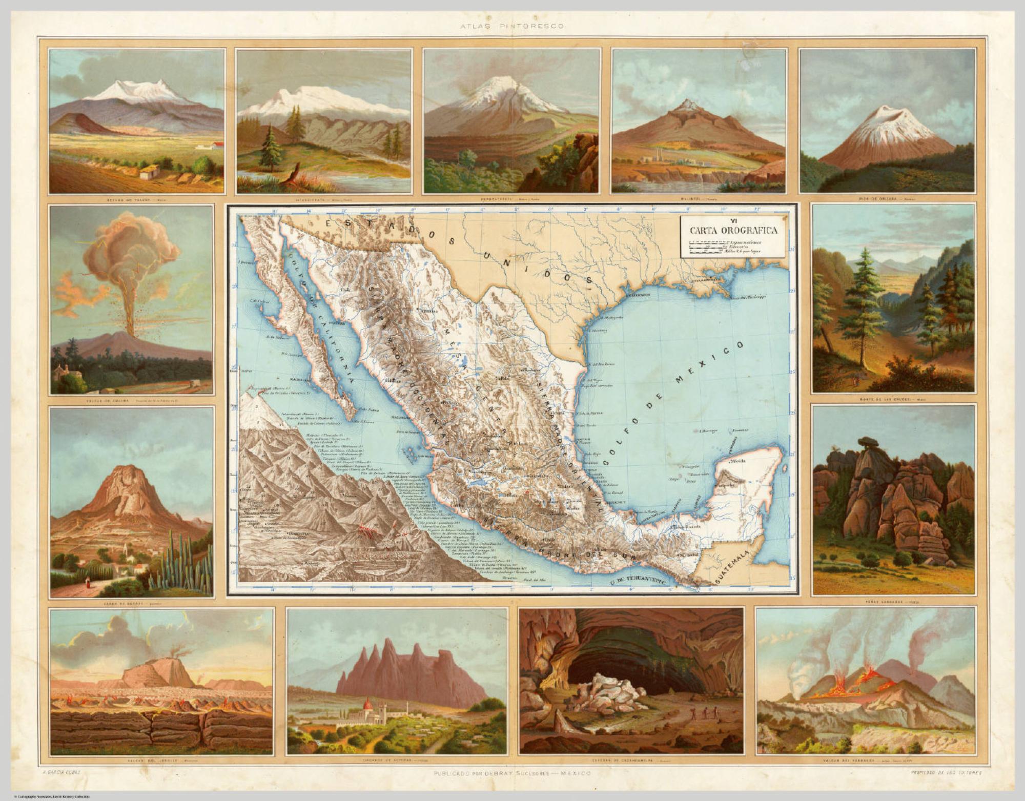 Carta orográfica de 1885. Relieve del país y escala de alturas de los volcanes: el Pico de Orizaba entra en ese conjunto, no como plano de la ciudad.