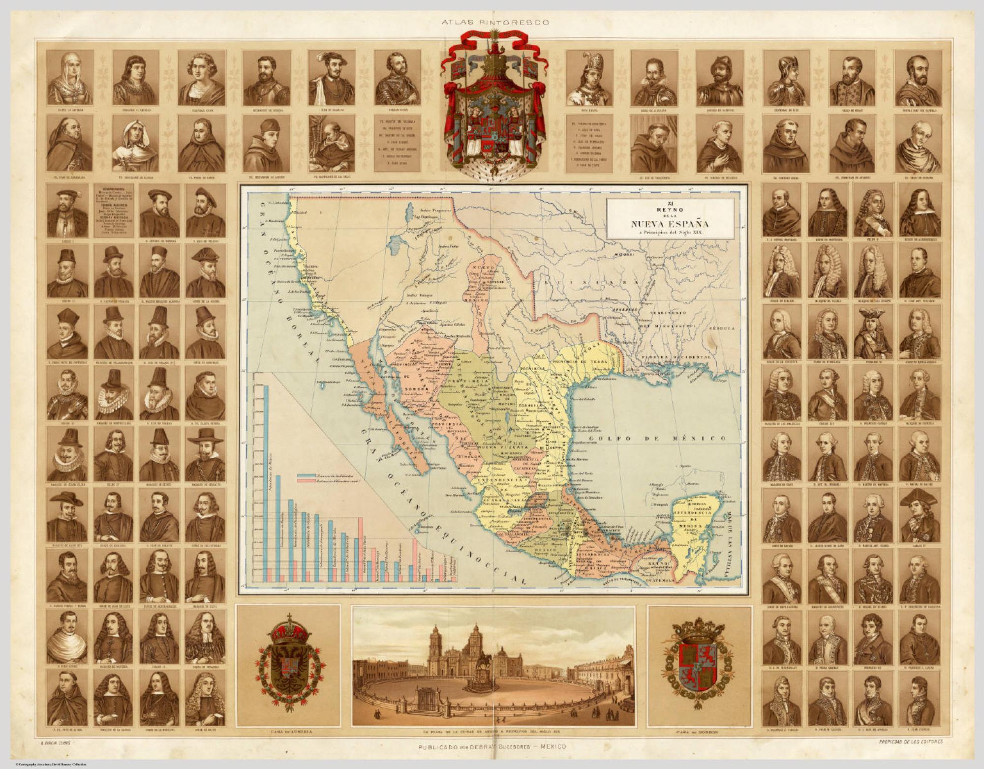 El reino de la Nueva España a principios del siglo XIX, en el mismo atlas: la organización territorial anterior a 1821, con Veracruz en el golfo.