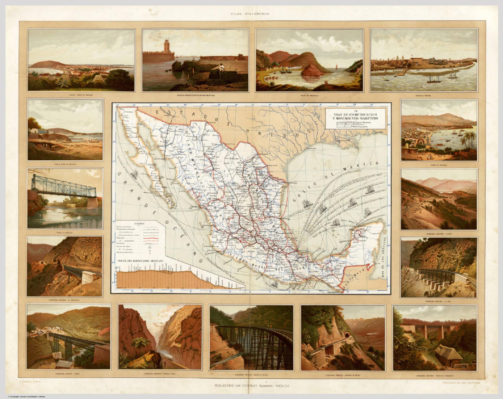 Vías de comunicación y movimiento marítimo, 1885. Ferrocarriles, caminos y puertos. La línea de México a Veracruz es la que sube por esta sierra.