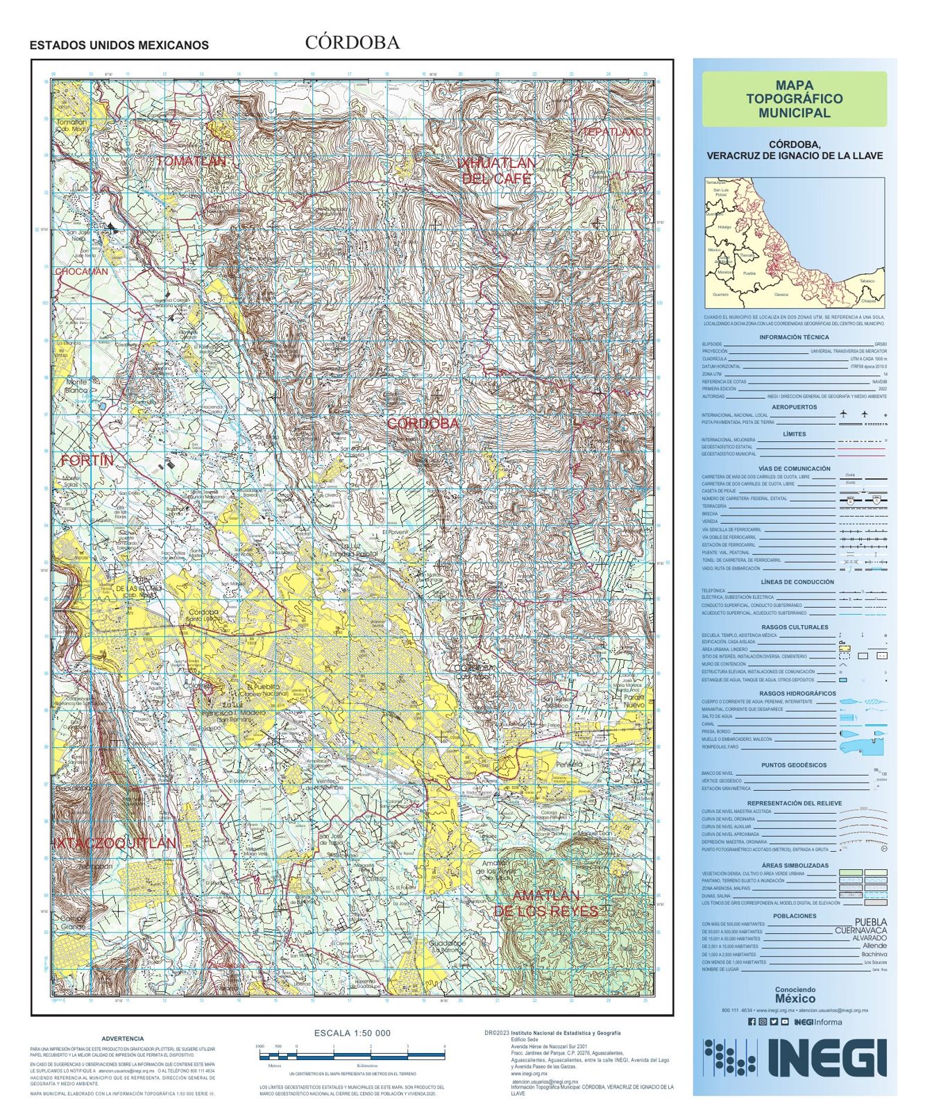 Mapa topográfico municipal de Córdoba, edición 2023, escala 1:50 000, clave 30044. Polígono del municipio y curvas de nivel, no la plaza de 1821.