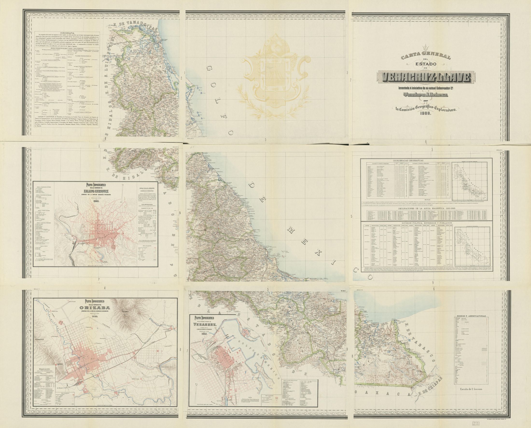 Carta general de Veracruz de 1919: ferrocarriles, distritos y la sierra de Córdoba y Orizaba ya en el siglo XX. Trae recuadros de Orizaba, Xalapa y el puerto.