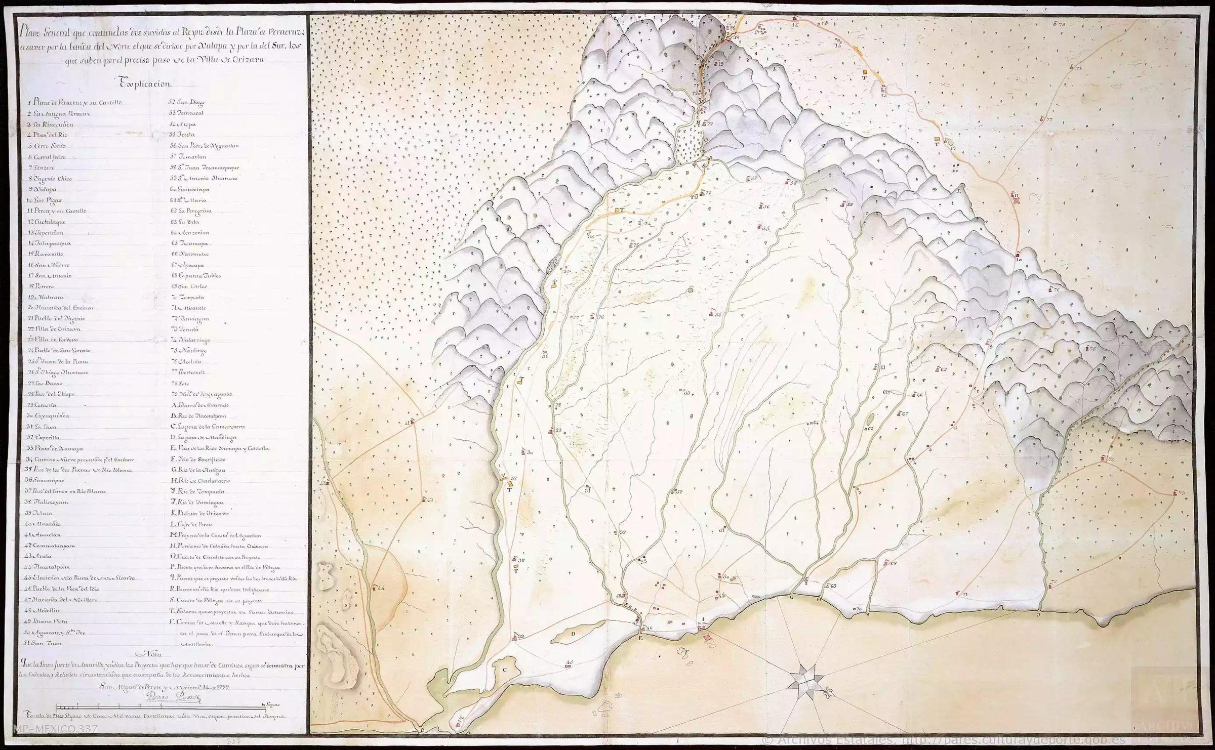 Caminos de Veracruz a México por Orizaba y por Xalapa, 1777. La villa se fundó para guardar este paso, aunque la hoja es posterior al trazo de 1618.