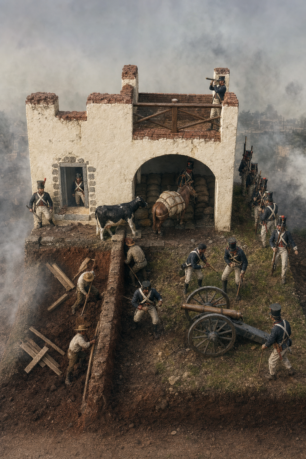 Modelo 3D del diorama 12: parapeto, edificio y cañón (reconstrucción fotorrealista)